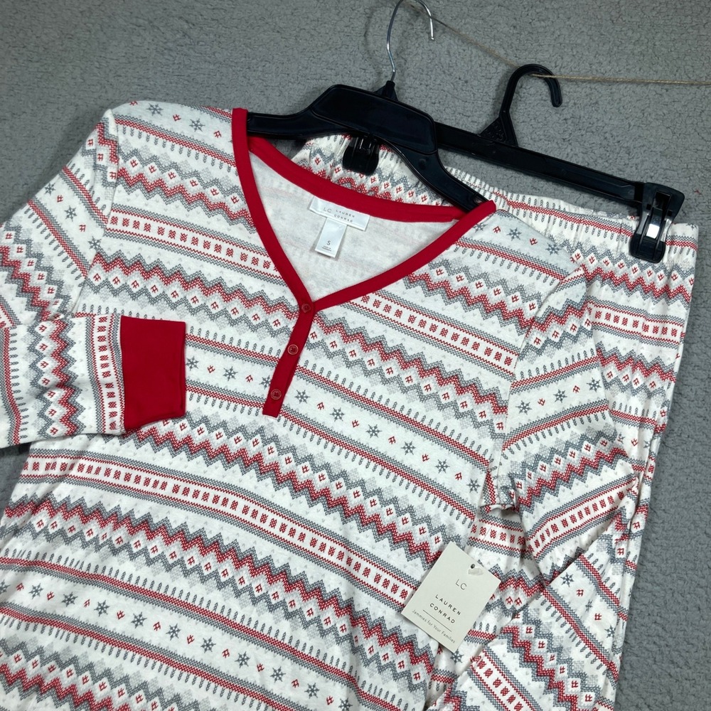 Lauren Conrad Pajama Set Womens Small White Red Fair Isle Snowflake Cotton